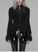 Black Dark Striped Velvet Metal Retro Button Lace Cuff Back Waist Lace-Up Gothic Blouse