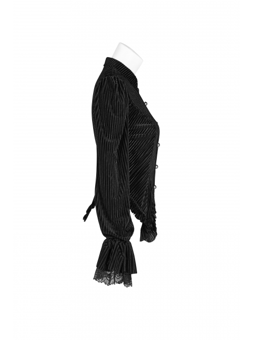 Black Dark Striped Velvet Metal Retro Button Lace Cuff Back Waist Lace-Up Gothic Blouse