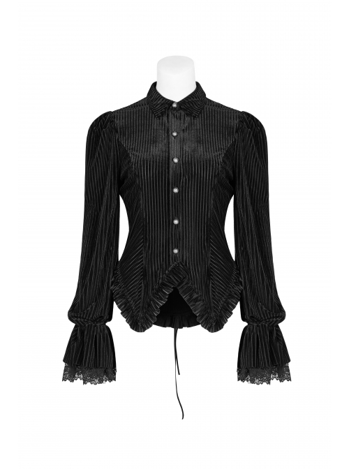 Black Dark Striped Velvet Metal Retro Button Lace Cuff Back Waist Lace-Up Gothic Blouse