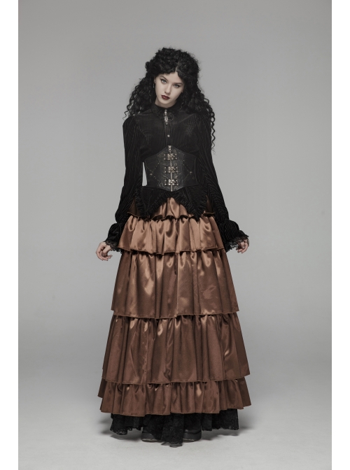 Black Dark Striped Velvet Metal Retro Button Lace Cuff Back Waist Lace-Up Gothic Blouse