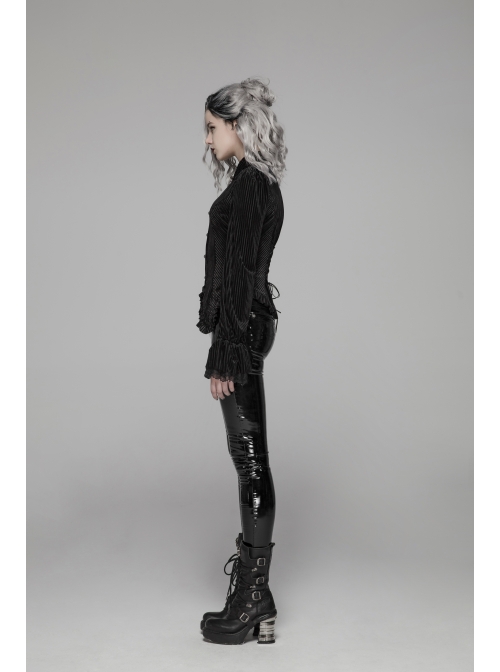 Black Dark Striped Velvet Metal Retro Button Lace Cuff Back Waist Lace-Up Gothic Blouse