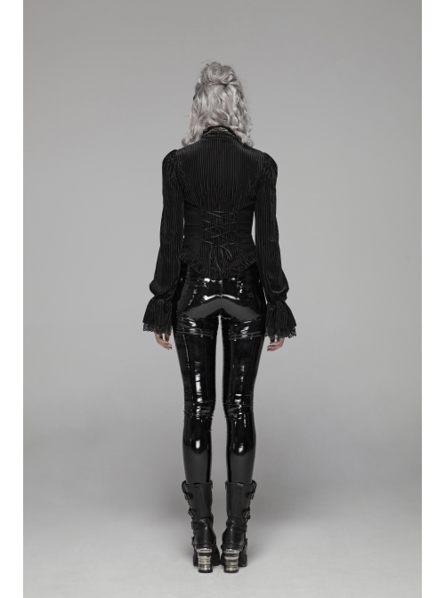 Black Dark Striped Velvet Metal Retro Button Lace Cuff Back Waist Lace-Up Gothic Blouse