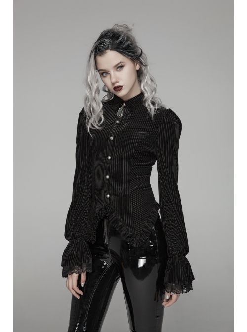 Black Dark Striped Velvet Metal Retro Button Lace Cuff Back Waist Lace-Up Gothic Blouse