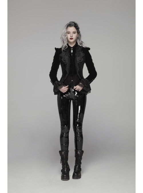 Black Dark Striped Velvet Metal Retro Button Lace Cuff Back Waist Lace-Up Gothic Blouse