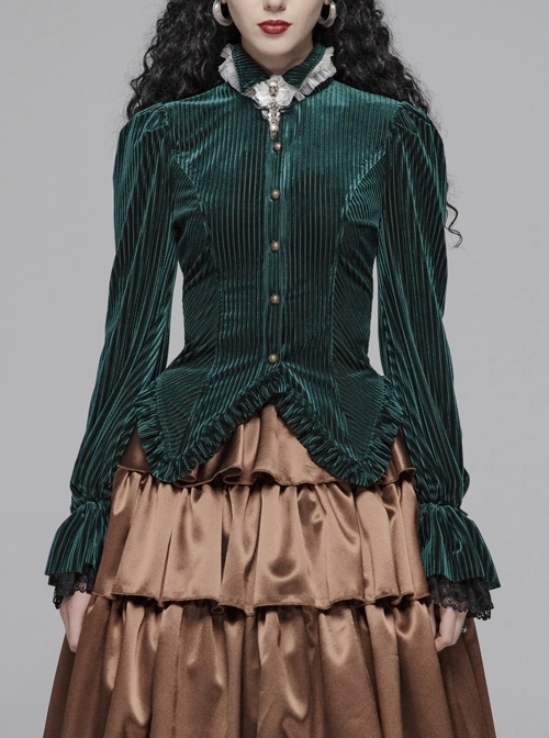 Green Dark Striped Velvet Metal Retro Button Lace Cuff Back Waist Lace-Up Gothic Blouse
