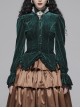 Green Dark Striped Velvet Metal Retro Button Lace Cuff Back Waist Lace-Up Gothic Blouse