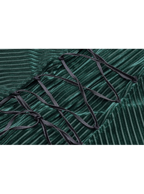 Green Dark Striped Velvet Metal Retro Button Lace Cuff Back Waist Lace-Up Gothic Blouse
