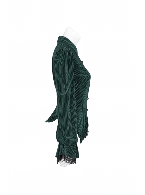 Green Dark Striped Velvet Metal Retro Button Lace Cuff Back Waist Lace-Up Gothic Blouse