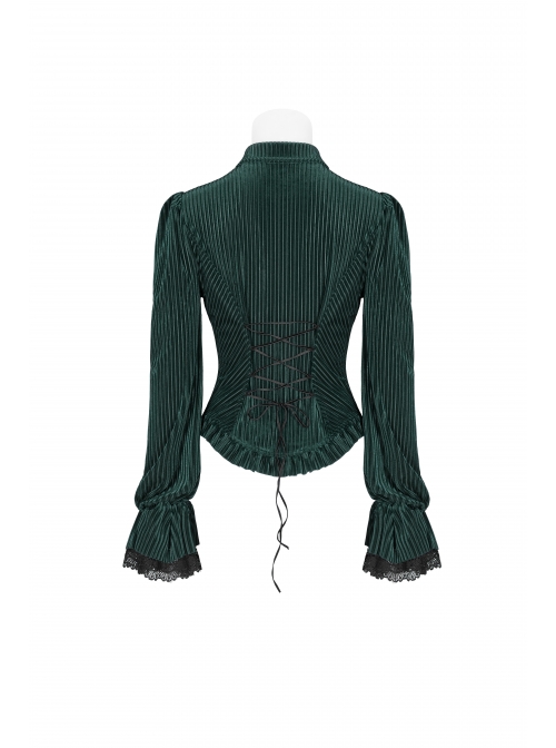 Green Dark Striped Velvet Metal Retro Button Lace Cuff Back Waist Lace-Up Gothic Blouse