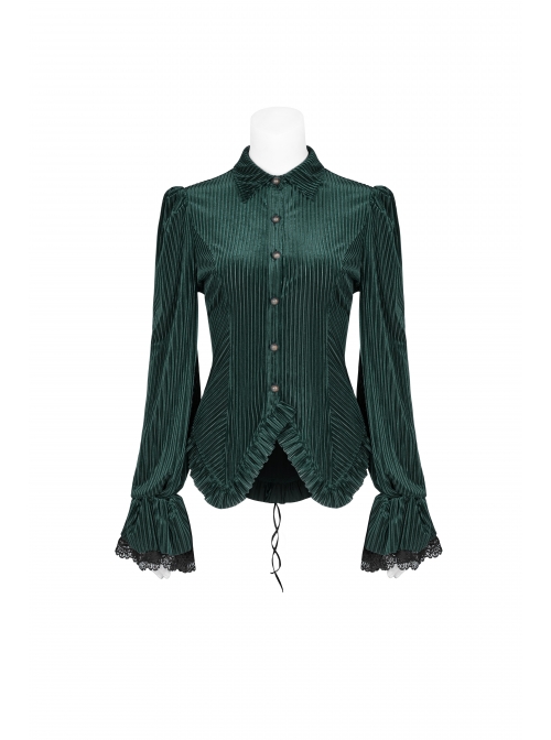 Green Dark Striped Velvet Metal Retro Button Lace Cuff Back Waist Lace-Up Gothic Blouse