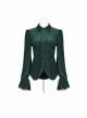 Green Dark Striped Velvet Metal Retro Button Lace Cuff Back Waist Lace-Up Gothic Blouse