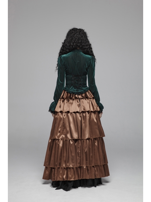 Green Dark Striped Velvet Metal Retro Button Lace Cuff Back Waist Lace-Up Gothic Blouse