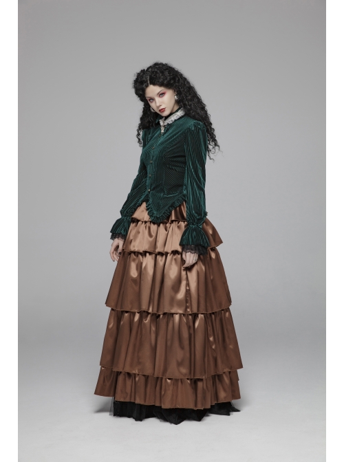 Green Dark Striped Velvet Metal Retro Button Lace Cuff Back Waist Lace-Up Gothic Blouse