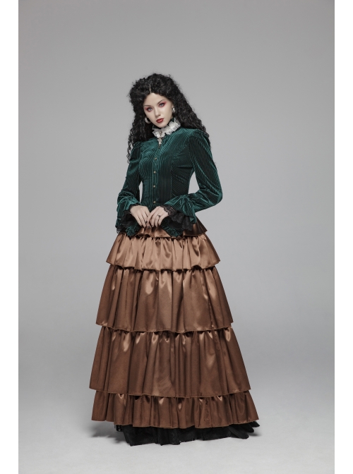 Green Dark Striped Velvet Metal Retro Button Lace Cuff Back Waist Lace-Up Gothic Blouse