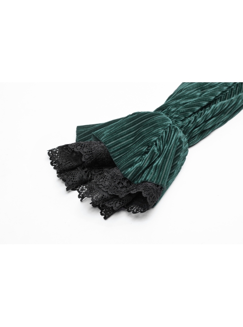 Green Dark Striped Velvet Metal Retro Button Lace Cuff Back Waist Lace-Up Gothic Blouse