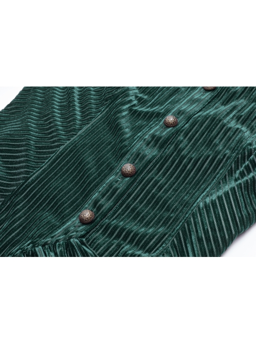 Green Dark Striped Velvet Metal Retro Button Lace Cuff Back Waist Lace-Up Gothic Blouse