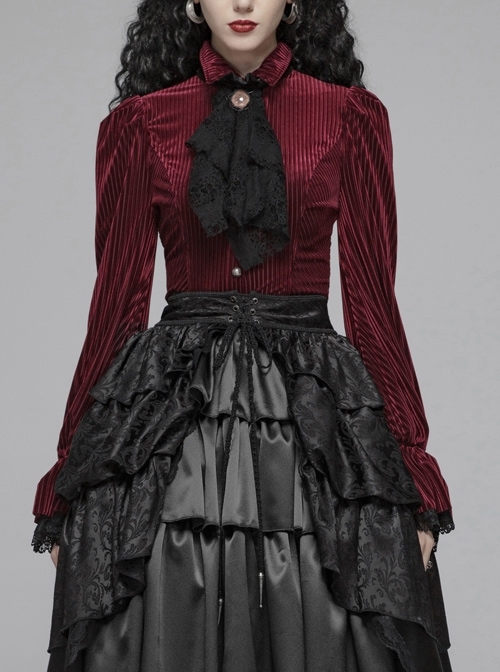 Red Dark Striped Velvet Metal Retro Button Lace Cuff Back Waist Lace-Up Gothic Blouse