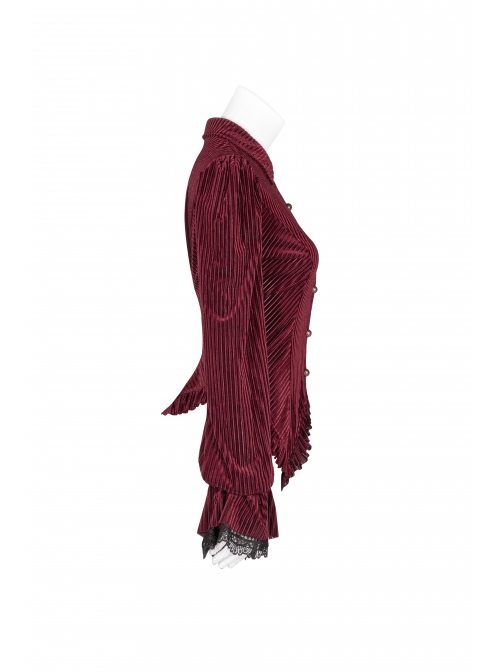 Red Dark Striped Velvet Metal Retro Button Lace Cuff Back Waist Lace-Up Gothic Blouse
