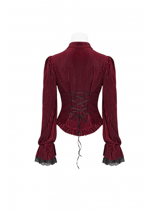 Red Dark Striped Velvet Metal Retro Button Lace Cuff Back Waist Lace-Up Gothic Blouse
