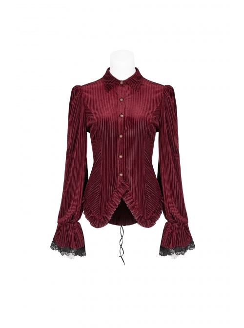 Red Dark Striped Velvet Metal Retro Button Lace Cuff Back Waist Lace-Up Gothic Blouse