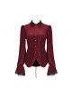 Red Dark Striped Velvet Metal Retro Button Lace Cuff Back Waist Lace-Up Gothic Blouse