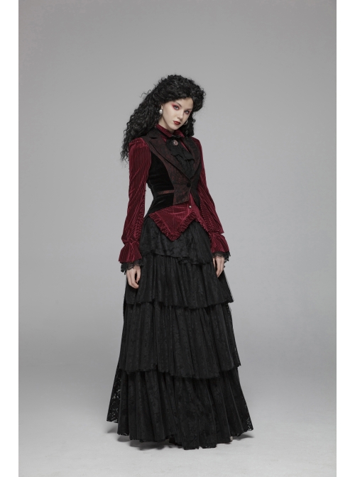 Red Dark Striped Velvet Metal Retro Button Lace Cuff Back Waist Lace-Up Gothic Blouse