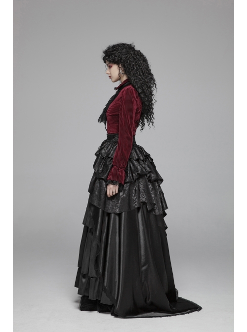 Red Dark Striped Velvet Metal Retro Button Lace Cuff Back Waist Lace-Up Gothic Blouse