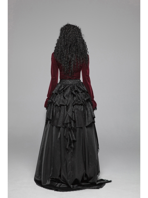 Red Dark Striped Velvet Metal Retro Button Lace Cuff Back Waist Lace-Up Gothic Blouse