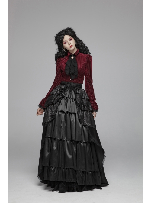 Red Dark Striped Velvet Metal Retro Button Lace Cuff Back Waist Lace-Up Gothic Blouse