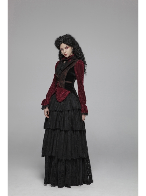 Red Dark Striped Velvet Metal Retro Button Lace Cuff Back Waist Lace-Up Gothic Blouse