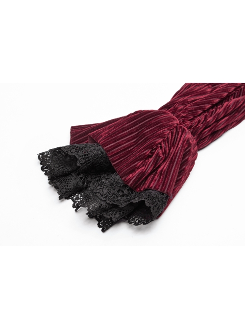 Red Dark Striped Velvet Metal Retro Button Lace Cuff Back Waist Lace-Up Gothic Blouse