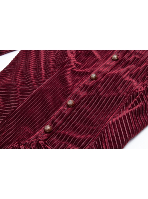 Red Dark Striped Velvet Metal Retro Button Lace Cuff Back Waist Lace-Up Gothic Blouse