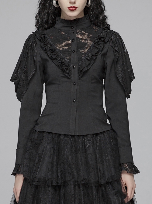 High Collar Front Chest Irregular Lace Little Lace Shawl Sleeve Back Waist Lace-Up Black Gothic Blouse