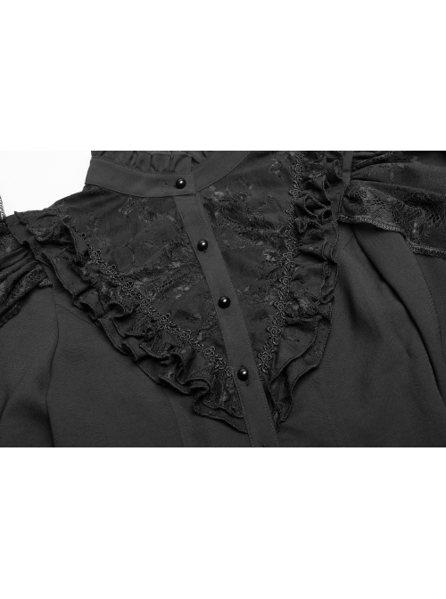 High Collar Front Chest Irregular Lace Little Lace Shawl Sleeve Back Waist Lace-Up Black Gothic Blouse