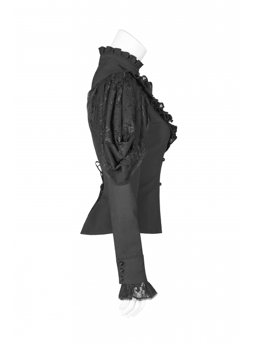 High Collar Front Chest Irregular Lace Little Lace Shawl Sleeve Back Waist Lace-Up Black Gothic Blouse