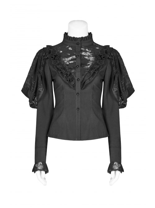High Collar Front Chest Irregular Lace Little Lace Shawl Sleeve Back Waist Lace-Up Black Gothic Blouse