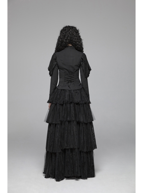 High Collar Front Chest Irregular Lace Little Lace Shawl Sleeve Back Waist Lace-Up Black Gothic Blouse