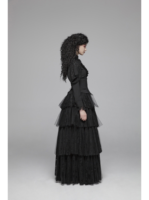 High Collar Front Chest Irregular Lace Little Lace Shawl Sleeve Back Waist Lace-Up Black Gothic Blouse