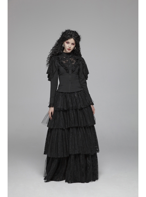 High Collar Front Chest Irregular Lace Little Lace Shawl Sleeve Back Waist Lace-Up Black Gothic Blouse