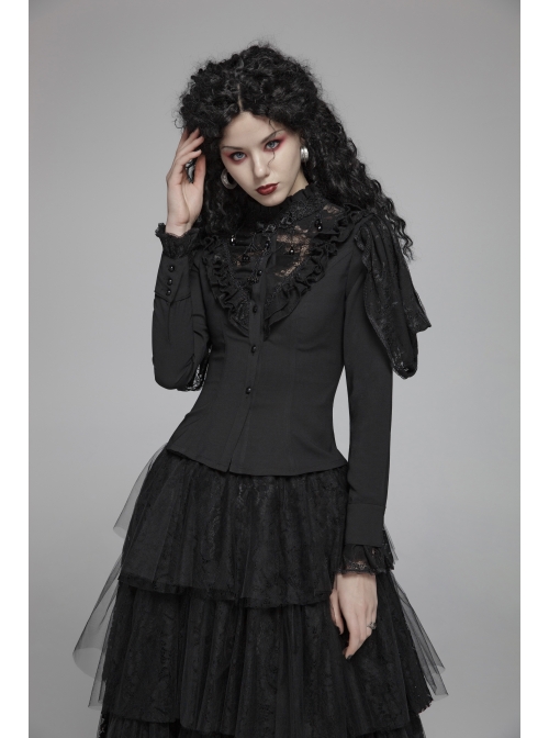 High Collar Front Chest Irregular Lace Little Lace Shawl Sleeve Back Waist Lace-Up Black Gothic Blouse