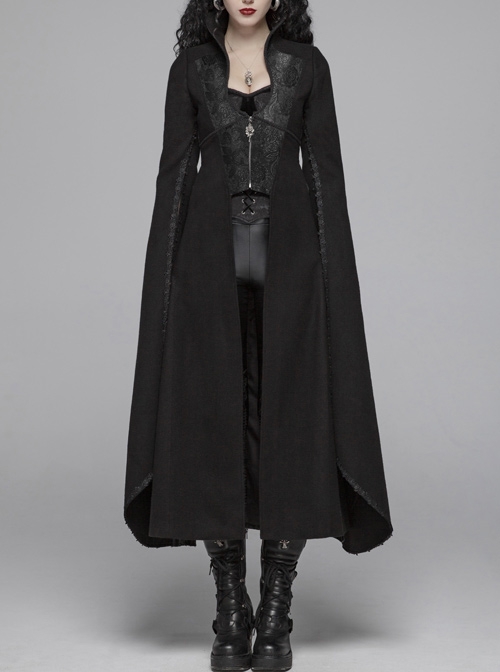 Stand-Up Collar Front Chest Metal Zipper Slit Cloak-Style Sleeve Back Waist Lace-Up Black Gothic Woolen Splice Jacquard Long Coat