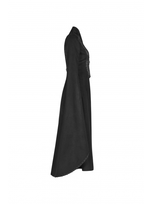 Stand-Up Collar Front Chest Metal Zipper Slit Cloak-Style Sleeve Back Waist Lace-Up Black Gothic Woolen Splice Jacquard Long Coat