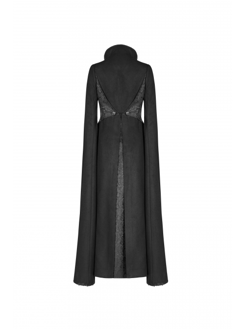 Stand-Up Collar Front Chest Metal Zipper Slit Cloak-Style Sleeve Back Waist Lace-Up Black Gothic Woolen Splice Jacquard Long Coat