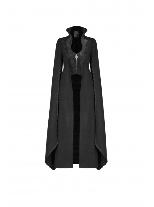 Stand-Up Collar Front Chest Metal Zipper Slit Cloak-Style Sleeve Back Waist Lace-Up Black Gothic Woolen Splice Jacquard Long Coat