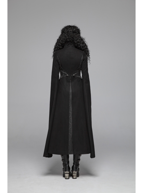 Stand-Up Collar Front Chest Metal Zipper Slit Cloak-Style Sleeve Back Waist Lace-Up Black Gothic Woolen Splice Jacquard Long Coat