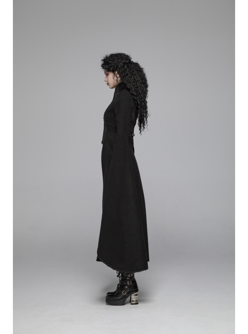 Stand-Up Collar Front Chest Metal Zipper Slit Cloak-Style Sleeve Back Waist Lace-Up Black Gothic Woolen Splice Jacquard Long Coat