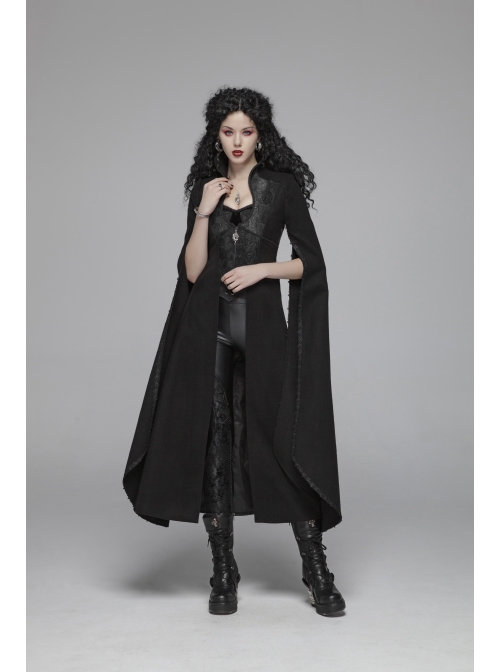Stand-Up Collar Front Chest Metal Zipper Slit Cloak-Style Sleeve Back Waist Lace-Up Black Gothic Woolen Splice Jacquard Long Coat