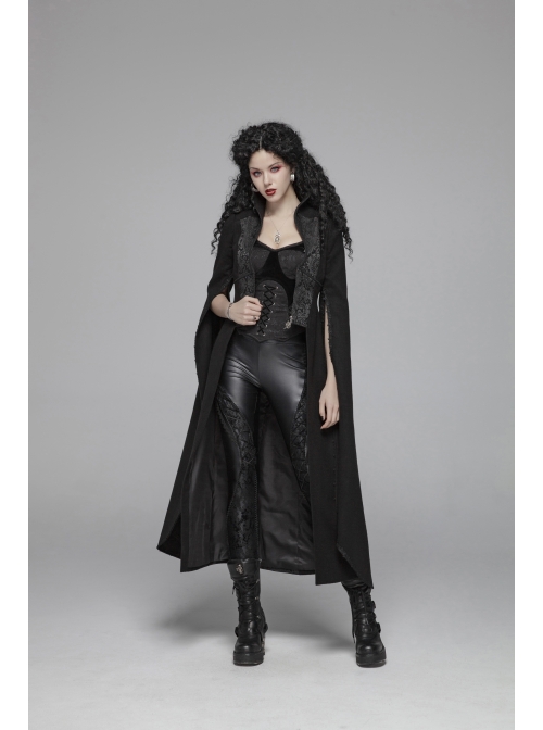 Stand-Up Collar Front Chest Metal Zipper Slit Cloak-Style Sleeve Back Waist Lace-Up Black Gothic Woolen Splice Jacquard Long Coat