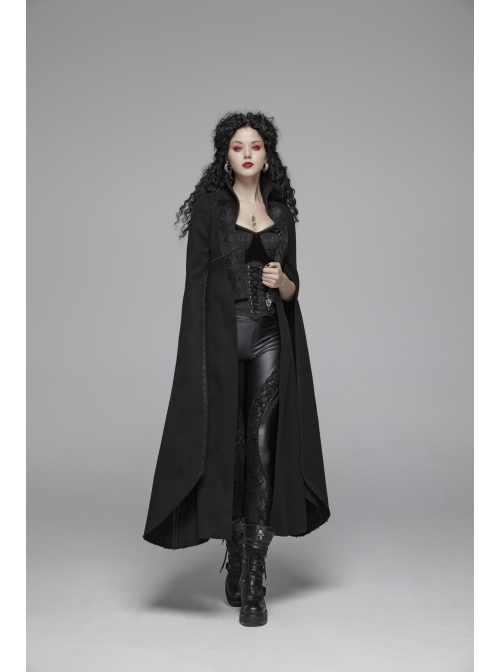 Stand-Up Collar Front Chest Metal Zipper Slit Cloak-Style Sleeve Back Waist Lace-Up Black Gothic Woolen Splice Jacquard Long Coat