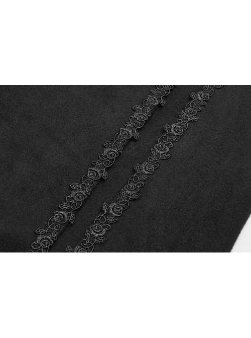 Stand-Up Collar Front Chest Metal Zipper Slit Cloak-Style Sleeve Back Waist Lace-Up Black Gothic Woolen Splice Jacquard Long Coat